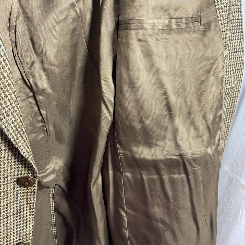 Vtg Chaps Ralph Lauren‎ Sport Coat Mens 44R Brown Silk Wool Houndstooth Blazer